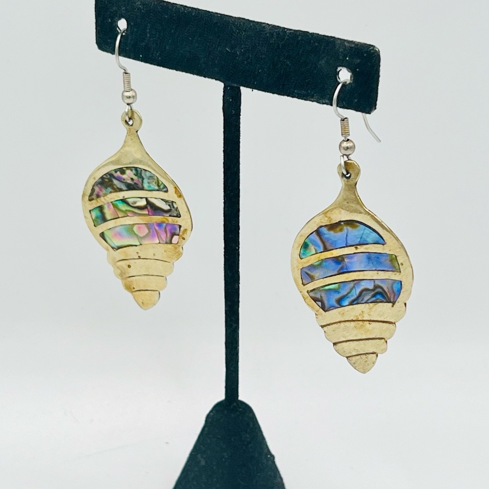 Vintage silver ALPACA MEXICO abalone shell earrings dangles - Picture 3 of 10